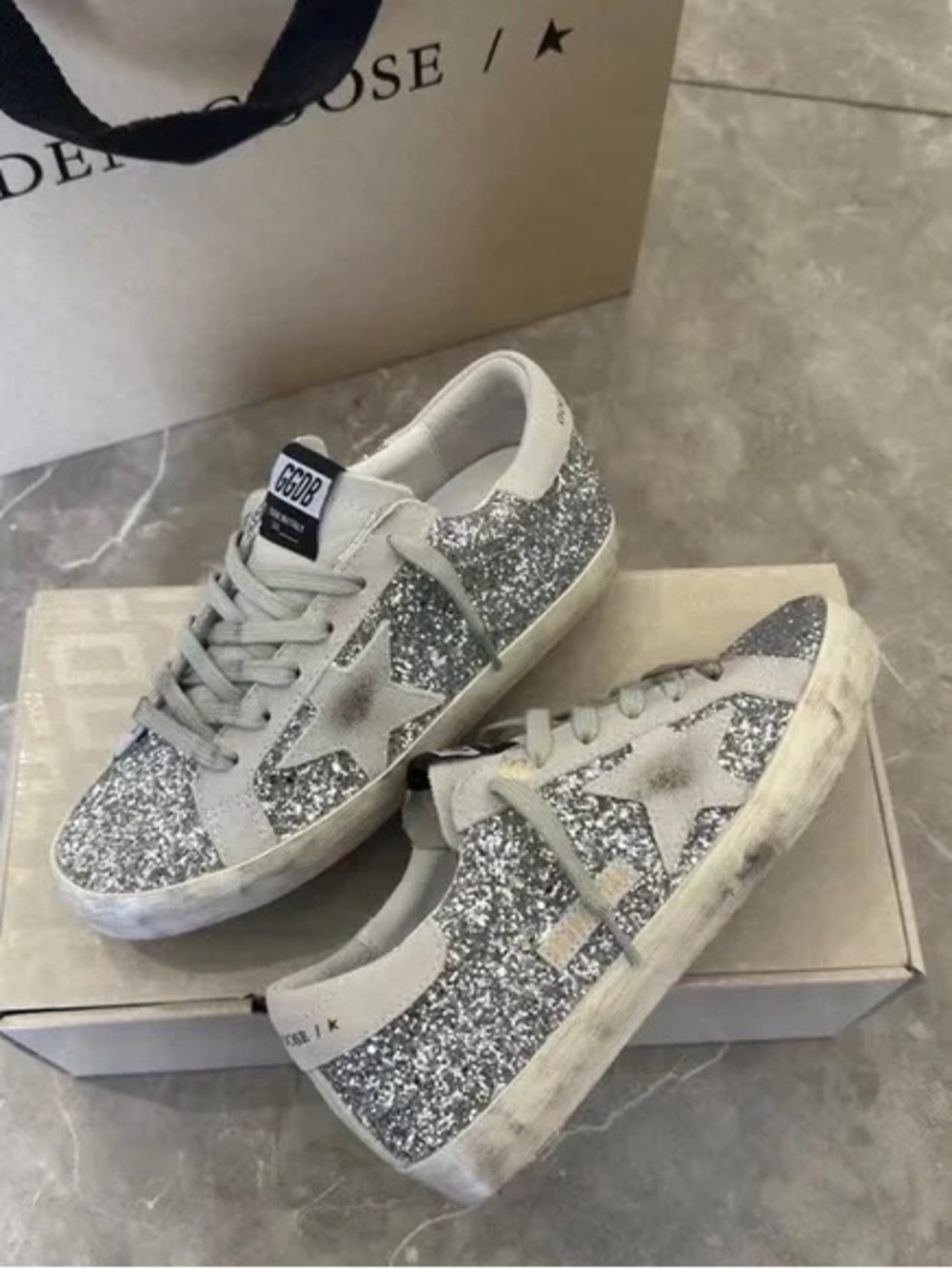 Golden Goose Silver Glitter Low-Top Sneakers with Star Accent